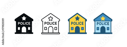 Vector icon police station same pose same proportions four styles black solid glyph outline minimal flat multicolor filled cartoon flat shaded.