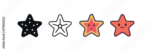 Vector icon sea starfish same pose same proportions four styles black solid glyph outline minimal flat multicolor filled cartoon flat shaded.