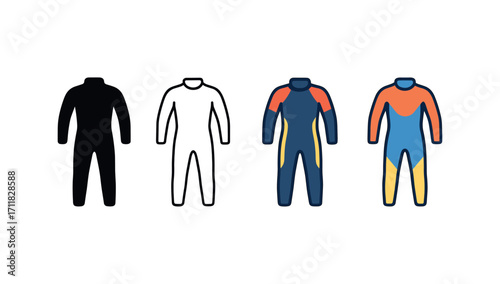 Vector icon diving wetsuit same pose same proportions four styles black solid glyph outline minimal flat multicolor filled cartoon flat shaded.