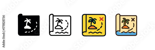 Vector icon sea map island same pose same proportions four styles black solid glyph outline minimal flat multicolor filled cartoon flat shaded.