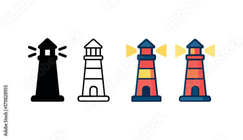 Vector icon sea lighthouse same pose same proportions four styles black solid glyph outline minimal flat multicolor filled cartoon flat shaded.