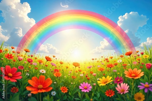 A vibrant rainbow arc stretches across a sun-drenched field of wildflowers, symbolizing universal joy and boundless happiness, a feeling of complete and utter contentment , growth, picturesque