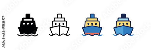 Vector icon sea cruise ship same pose same proportions four styles black solid glyph outline minimal flat multicolor filled cartoon flat shaded.
