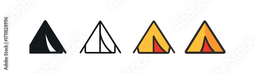 Vector icon travel camping tent same pose same proportions four styles black solid glyph outline minimal flat multicolor filled cartoon flat shaded.