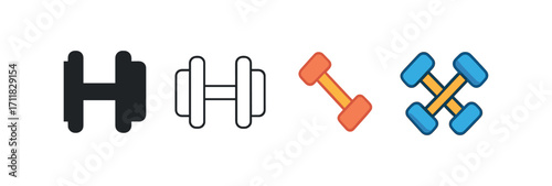 Vector icon fitness dumbbell same pose same proportions four styles black solid glyph outline minimal flat multicolor filled cartoon flat shaded.