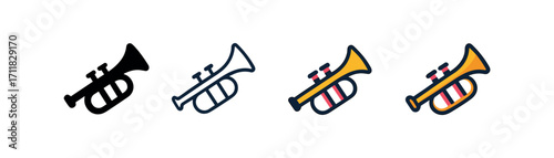 Vector icon music trumpet same pose same proportions four styles black solid glyph outline minimal flat multicolor filled cartoon flat shaded.
