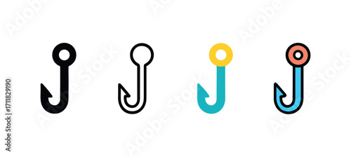 Vector icon fishing hook same pose same proportions four styles black solid glyph outline minimal flat multicolor filled cartoon flat shaded.