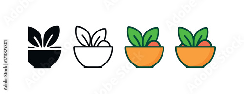 Vector icon food salad bowl same pose same proportions four styles black solid glyph outline minimal flat multicolor filled cartoon flat shaded.