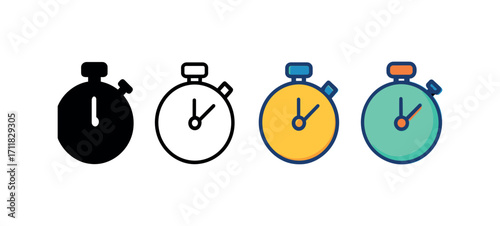 Vector icon fitness stopwatch same pose same proportions four styles black solid glyph outline minimal flat multicolor filled cartoon flat shaded.