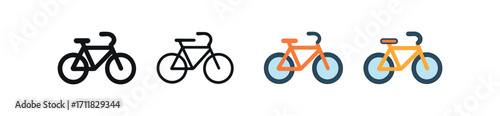 Vector icon transport bicycle same pose same proportions four styles black solid glyph outline minimal flat multicolor filled cartoon flat shaded.