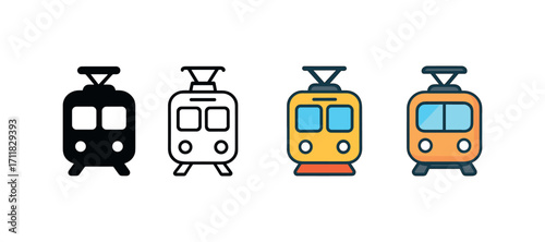 Vector icon transport tram same pose same proportions four styles black solid glyph outline minimal flat multicolor filled cartoon flat shaded.