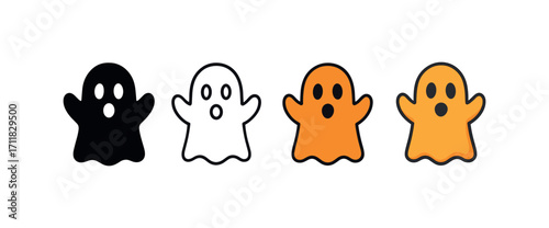 Vector icon holidays halloween ghost same pose same proportions four styles black solid glyph outline minimal flat multicolor filled cartoon flat shaded.