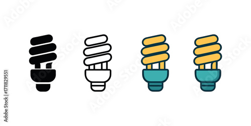 Vector icon ecology energy saving lamp same pose same proportions four styles black solid glyph outline minimal flat multicolor filled cartoon flat shaded.