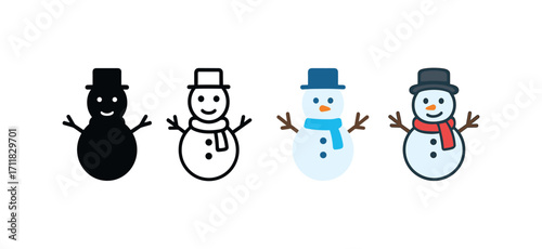 Vector icon seasons winter snowman same pose same proportions four styles black solid glyph outline minimal flat multicolor filled cartoon flat shaded.