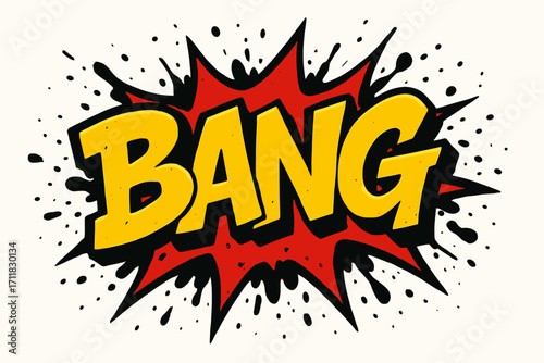 Bang graffiti style lettering explosive bold tone surrounded by splatters horizontal balanced layout clean white background vector look high contrast.
