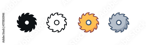 Vector icon build saw blade same pose same proportions four styles black solid glyph outline minimal flat multicolor filled cartoon flat shaded.