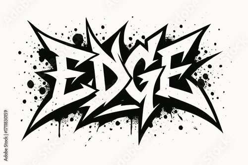 Edge graffiti lettering sharp jagged tone surrounded by splatters horizontal balanced layout clean white background vector look high contrast.