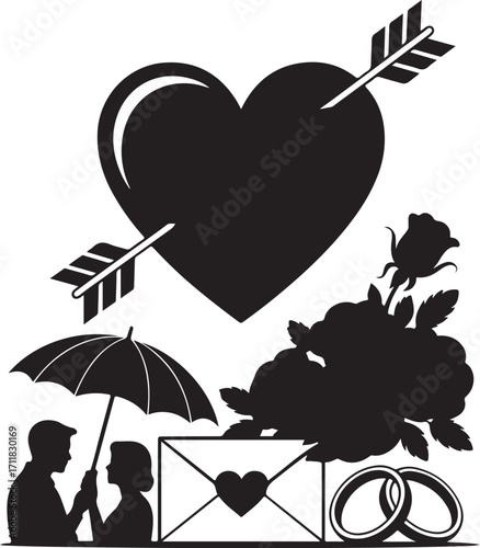 Couple under umbrella, heart, roses, rings, love story