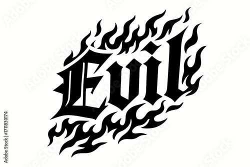 Evil gothic calligraphy sharp heavy tone surrounded by flames diagonal decorative composition clean white background vector look high contrast.