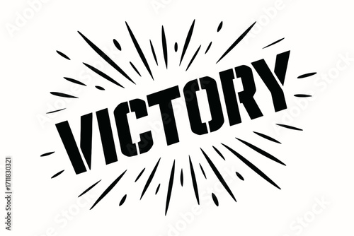 Victory stencil lettering block heavy tone surrounded by sparks diagonal decorative composition clean white background vector look high contrast.
