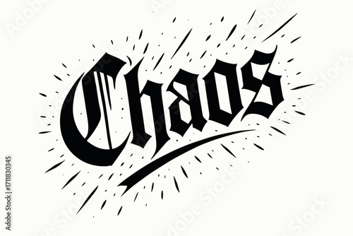 Chaos gothic medieval lettering dramatic bold strokes surrounded by sparks diagonal decorative composition clean white background vector look high contrast.