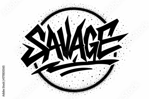 Savage graffiti streetstyle rough jagged strokes surrounded by spray dots circular frame composition clean white background vector look high contrast.