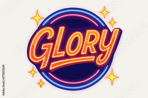 Glory retro neon lettering glowing bold style surrounded by sparkles circular frame composition clean white background vector look high contrast.