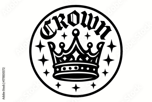 Crown gothic lettering regal heavy tone surrounded by stars circular frame composition clean white background vector look high contrast.