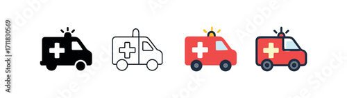 Vector icon medical ambulance same pose same proportions four styles black solid glyph outline minimal flat multicolor filled cartoon flat shaded.