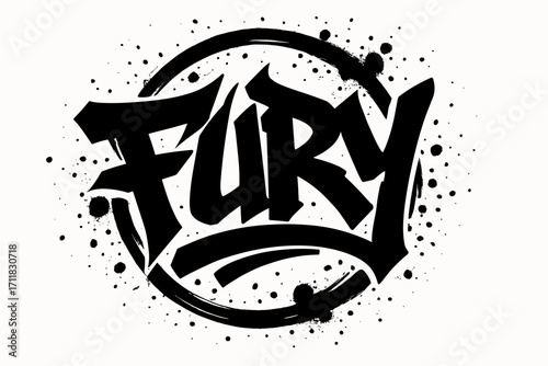 Fury graffiti lettering aggressive thick strokes surrounded by splatters circular frame composition clean white background vector look high contrast.