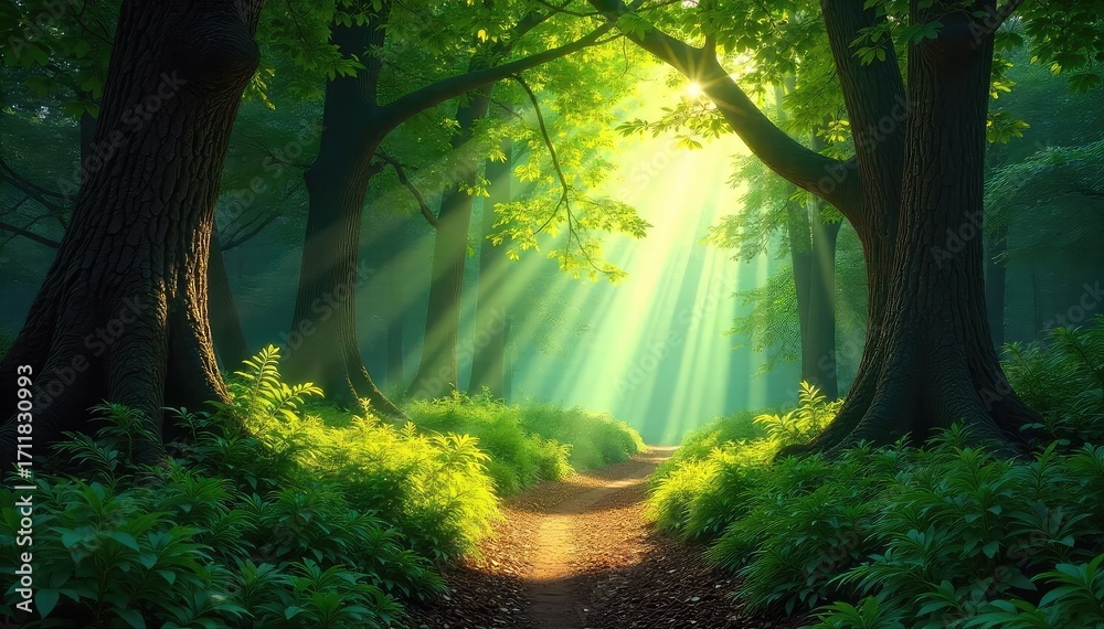 Naklejka premium Sunlight dapples through the canopy of a lush forest, illuminating a path winding through ancient trees, ferns, and dappled sunlight creating a magical scene , natural, overgrown path, serene