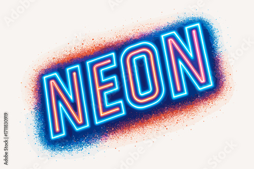 Neon retro neon lettering glowing block strokes surrounded by glitter dust diagonal decorative composition clean white background vector look high contrast.
