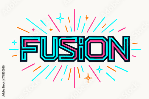 Fusion cyber lettering geometric interlock strokes surrounded by neon sparks horizontal balanced layout clean white background vector look high contrast.