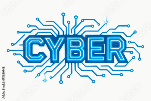 Cyber neon tech lettering glowing geometric strokes surrounded by circuit sparks horizontal balanced layout clean white background vector look high contrast.