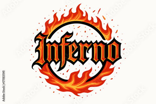 Inferno gothic medieval lettering heavy fiery curves surrounded by sparks circular frame composition clean white background vector look high contrast.