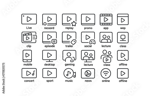 vector outline icons Video Stream (Types) videostream live videostream recorded videostream replay videostream highlight videostream movie videostream series videostream clip videostream.