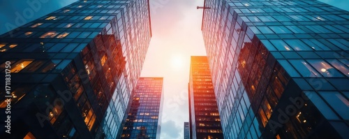 Two office buildings, windows gleaming, reflecting a cityscape, symbolizing collaboration and shared success in a modern business environment , joint venture, productivity