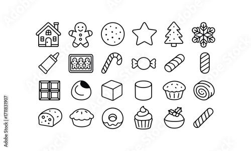 vector outline icons Christmas Food (Sweets) gingerbread house gingerbread man sugar cookie star cookie tree cookie snowflake cookie icing tube cookie tray candy cane red candy green candy.
