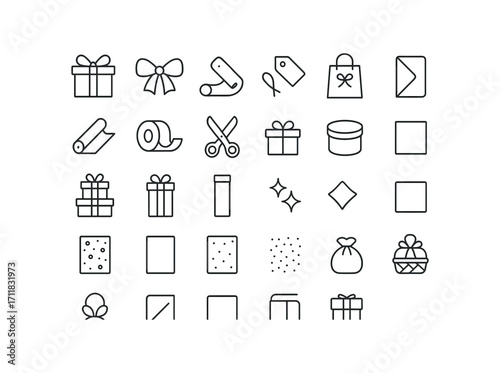 vector outline icons Christmas Gifts (Packaging) wrapped box ribbon bow name tag gift bag paper roll tape dispenser scissors tool folded paper stacked gifts tiny box big box square box.