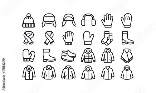 vector outline icons Winter Clothes (Accessories) wool hat fur hat knit cap earmuffs pair scarf long scarf short gloves wool gloves leather mittens red mittens blue socks thick socks long.