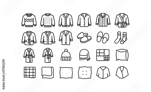 vector outline icons Winter Clothes (Indoor) sweater knit sweater wool sweater cable sweater plain cardigan knit cardigan button pajamas warm pajamas striped robe soft robe long slippers.