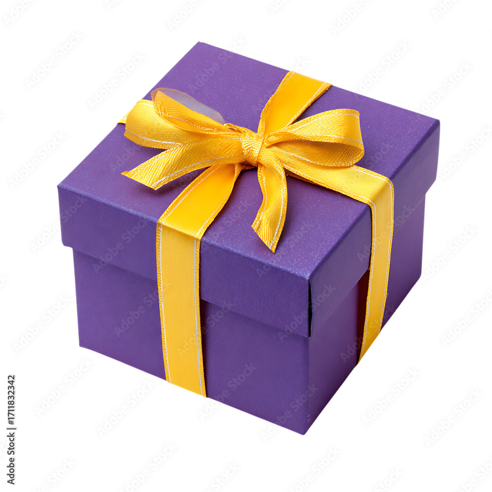 Obraz premium A purple gift box with a gold ribbon isolated on transparent background, perfect for a special occasion or celebration
