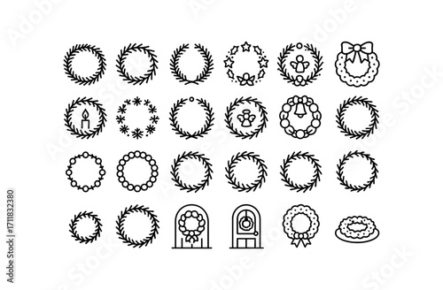 vector outline icons Christmas Wreaths (Types) pine wreath fir wreath holly wreath mistletoe wreath berry wreath ribbon wreath candle wreath snow wreath star wreath angel wreath bell wreath.