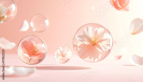 Delicate cherry blossom flowers encapsulated in clear serum bubbles on a soft pink background