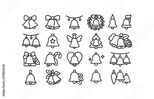 vector outline icons Christmas Bells (Decorations) bell ribbon bell bow bell garland bell wreath bell chain bell string bell star bell angel bell tree bell stocking bell gift bell snowflake.