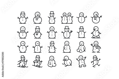 vector outline icons Christmas Snowmen (Types) classic snowman fat snowman tall snowman baby snowman twin snowmen trio snowmen giant snowman mini snowman hat snowman scarf snowman button.