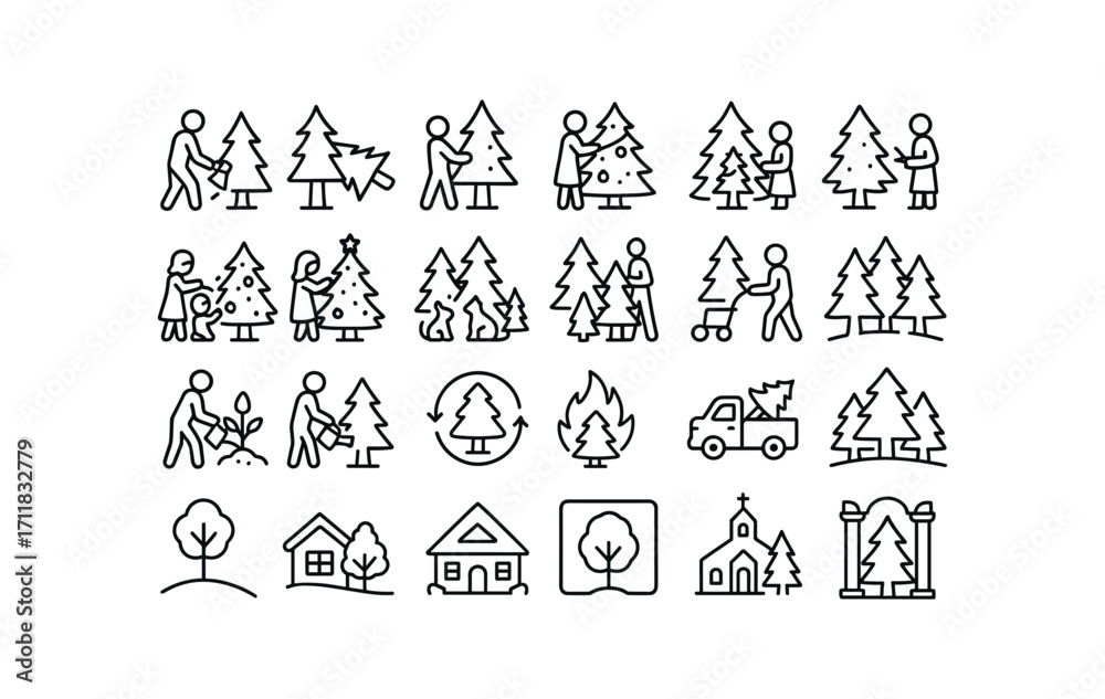 Fototapeta premium vector outline icons Trees (Scenes) tree cutting tree carrying tree decorating tree lighting tree trimming tree admiring kids decorating family decorating pets near tree tree shopping tree.