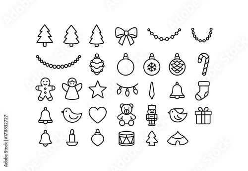 vector outline icons Trees (Decorations) ribbon bow silver garland gold garland red bauble blue bauble green bauble snowflake ornament pinecone ornament candy cane gingerbread man angel.
