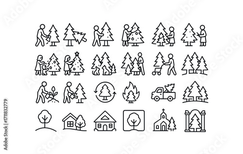 vector outline icons Trees (Scenes) tree cutting tree carrying tree decorating tree lighting tree trimming tree admiring kids decorating family decorating pets near tree tree shopping tree.