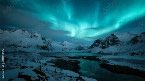 Winter starry sky aurora snow mountain river